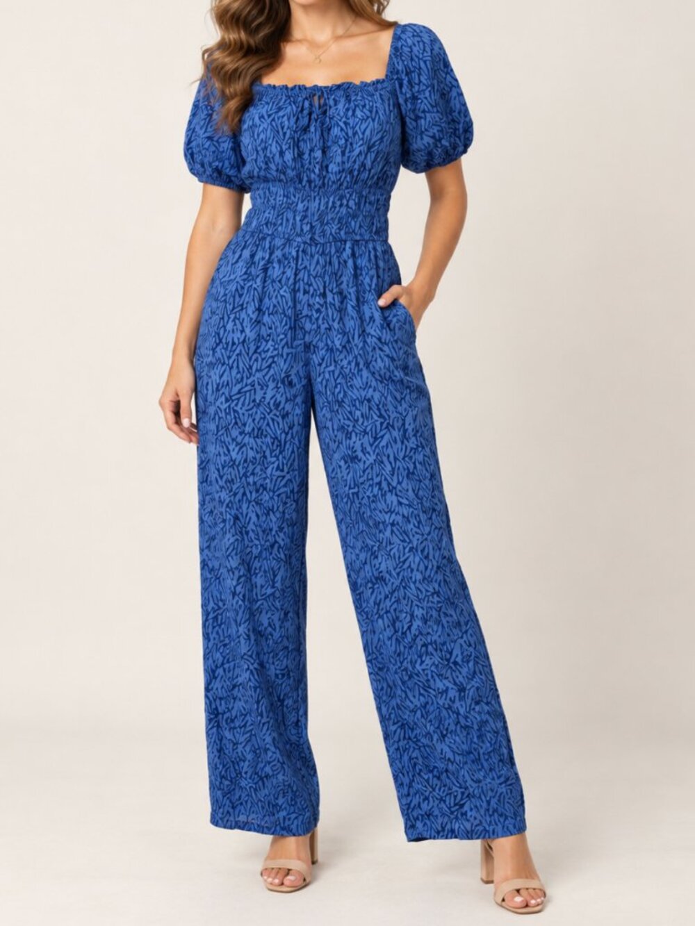 Sincerely Jules Blue Printed Smocked Puff Sleeve Wide Leg Jumpsuit